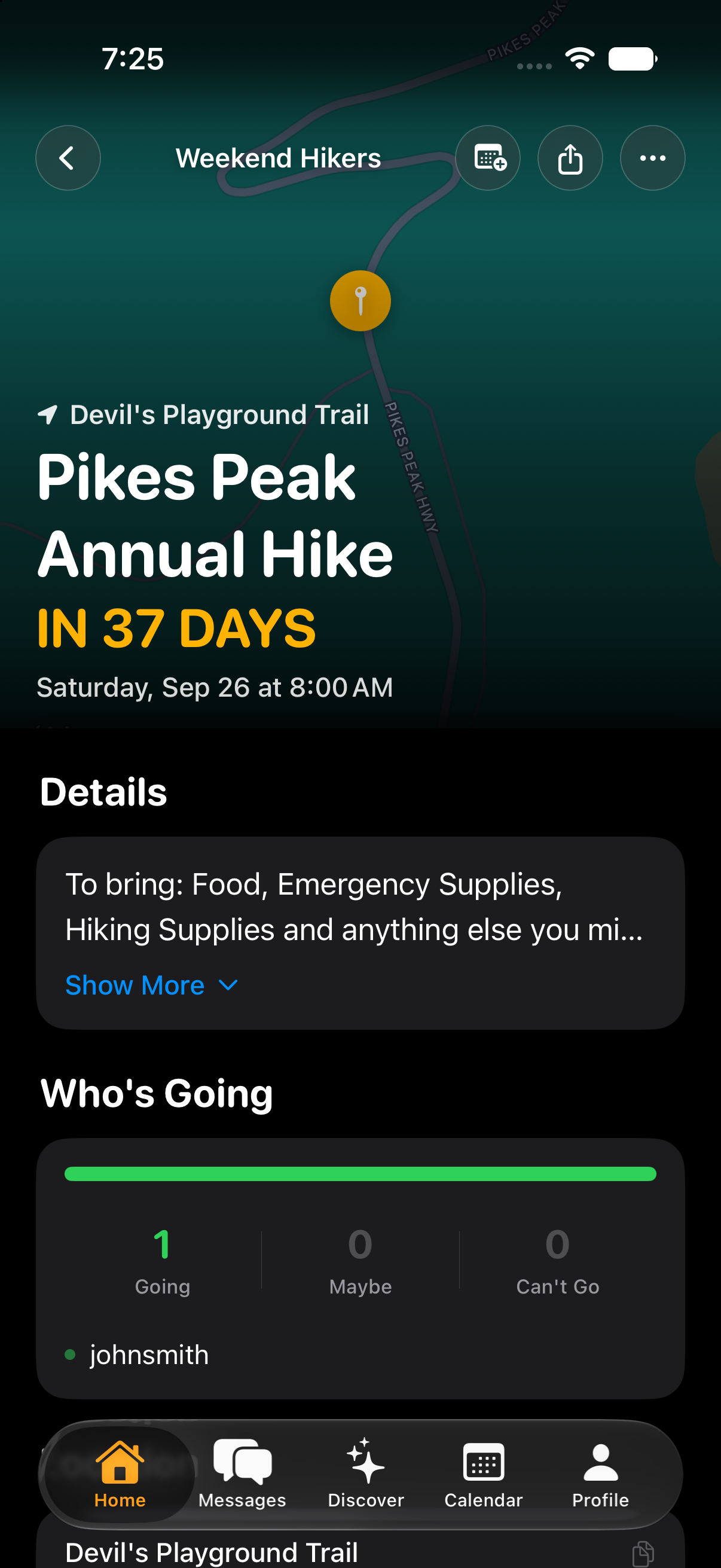 A LinkUp event detail screen showing the event name, a countdown, the location, event details, and a Who's Going breakdown of Going, Maybe, and Can't Go counts.