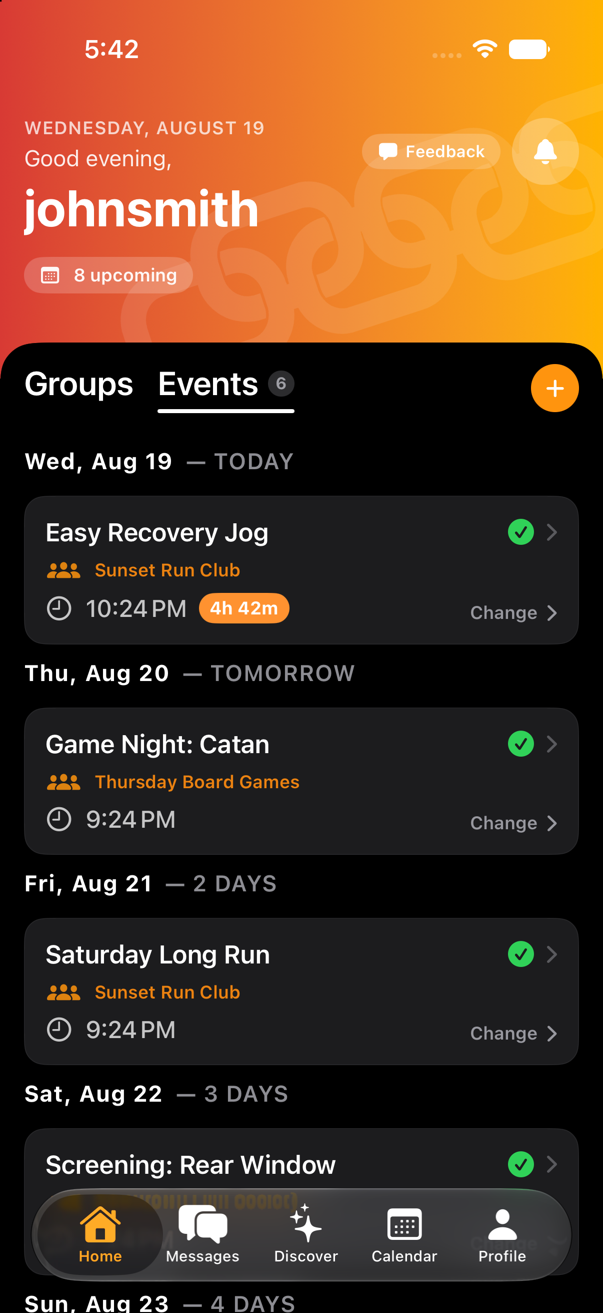 The LinkUp events feed, listing upcoming events grouped under Today, Tomorrow, and later days, each showing its group, start time, and RSVP status.