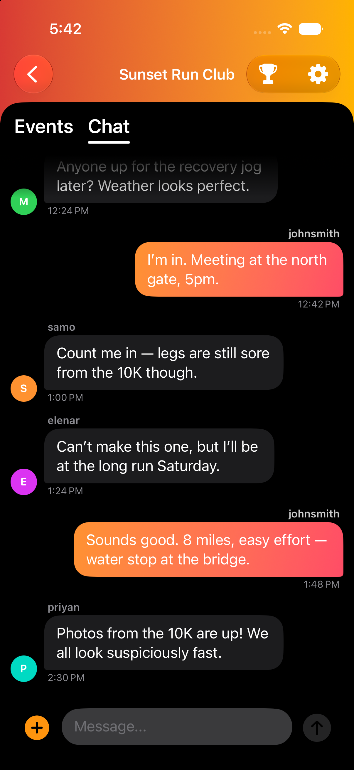 A LinkUp group chat thread with messages from several members and reply bubbles, alongside Events and Chat tabs.