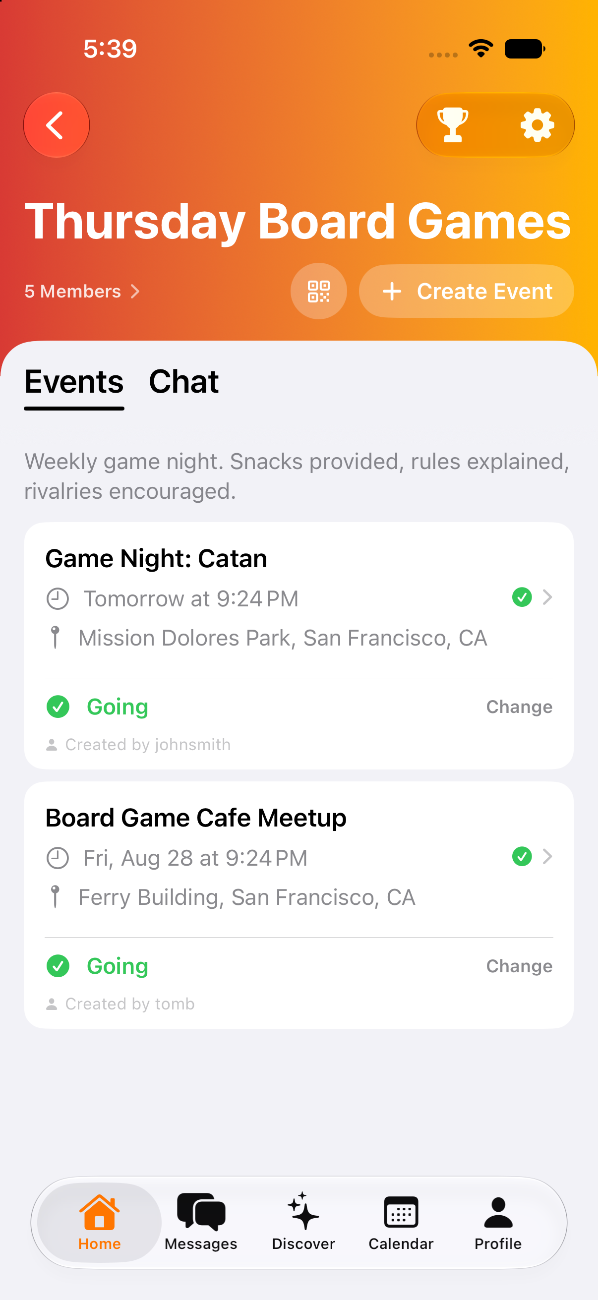 A LinkUp group screen showing the group name, member count, a Create Event button, a QR share code, and the group's upcoming events with RSVP status.