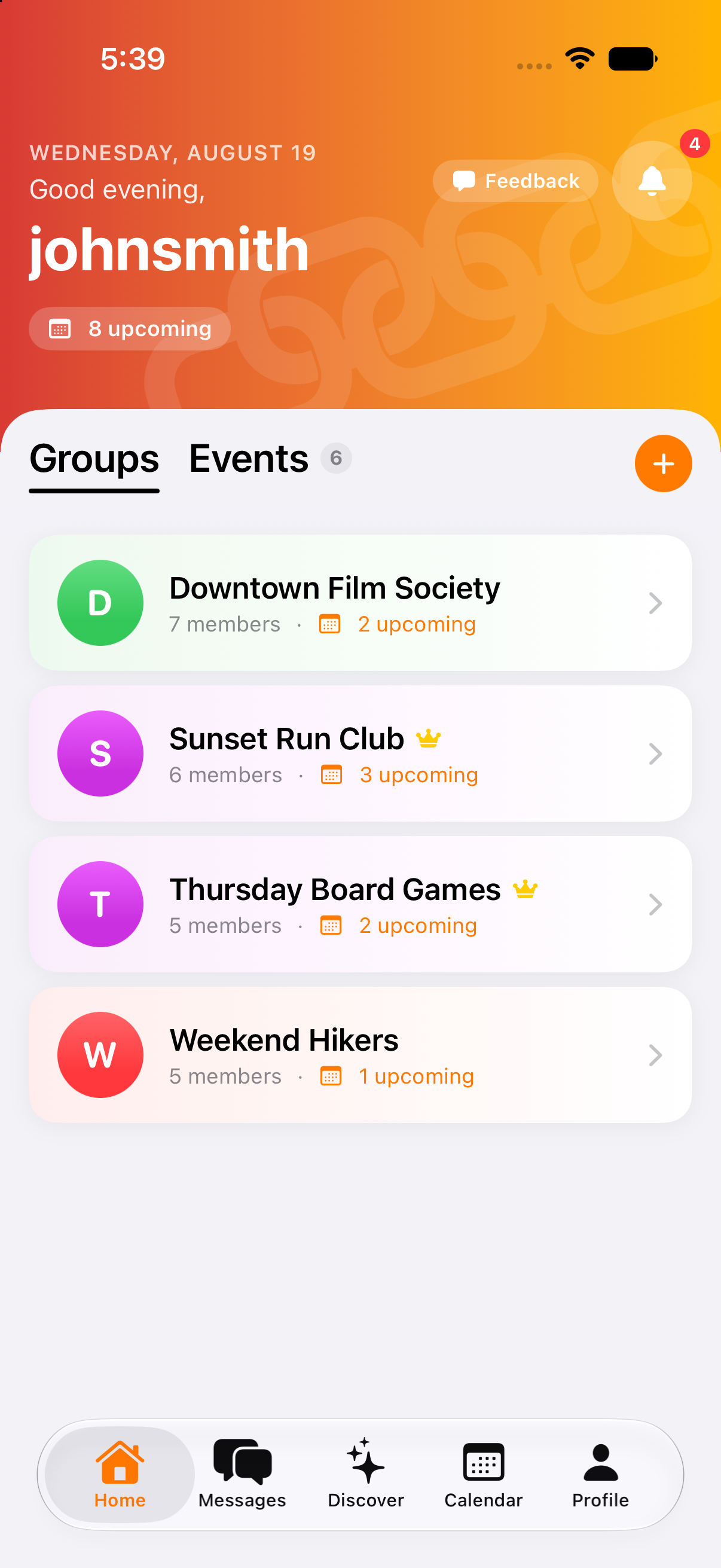 The LinkUp home screen showing a personal greeting and a list of the groups you belong to, each with member and upcoming-event counts.