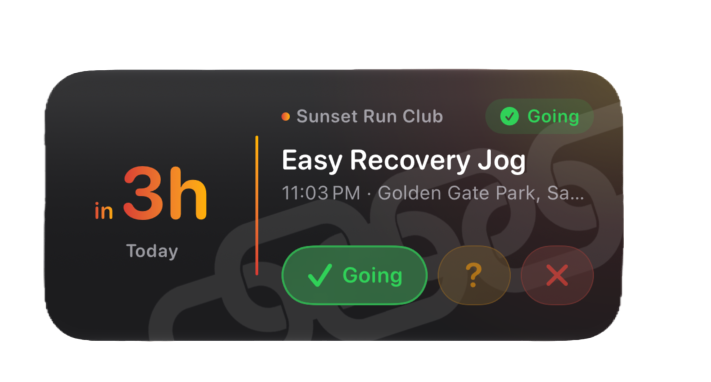 The medium LinkUp home-screen widget showing the next event with a countdown, its group, and one-tap Going, Maybe, and Can't Go RSVP buttons.