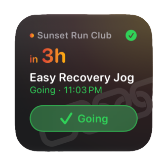 The small LinkUp home-screen widget showing the next event's countdown and your Going status.